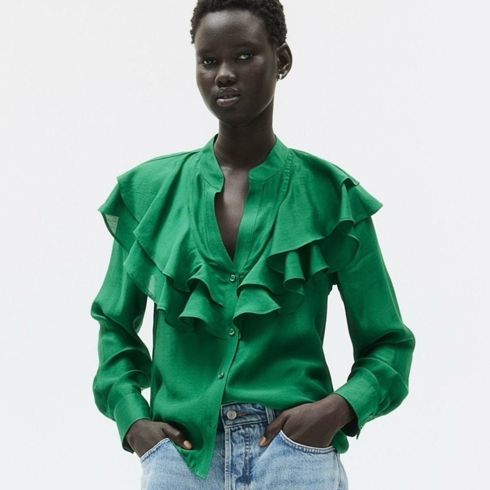 H&M| Green Flounced V-Neck Long Sleeve Blouse Top Sz XS Brand NEW w/Tags